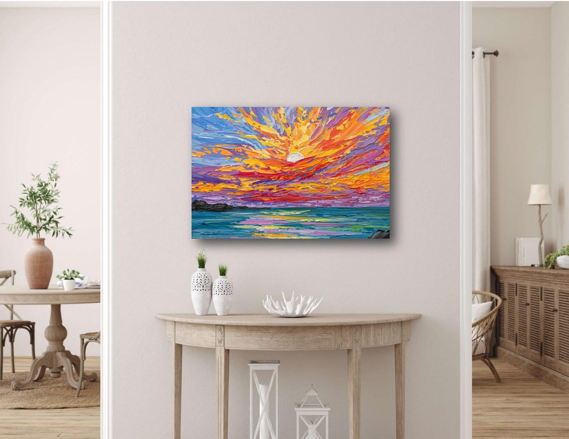 Colorful Sunset Over Teal Ocean Rocks Dramatic Sky Seascape Art Print - Image 2