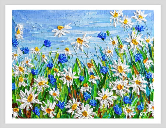 Daisies Field Impasto Flower Landscape Art Print