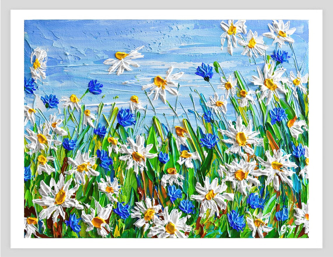 Daisies Field Impasto Flower Landscape Art Print