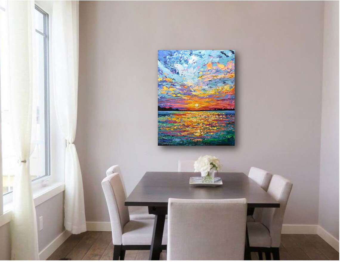 Sunset Seascape Art Print, Impressionism Palette Knife - Image 2