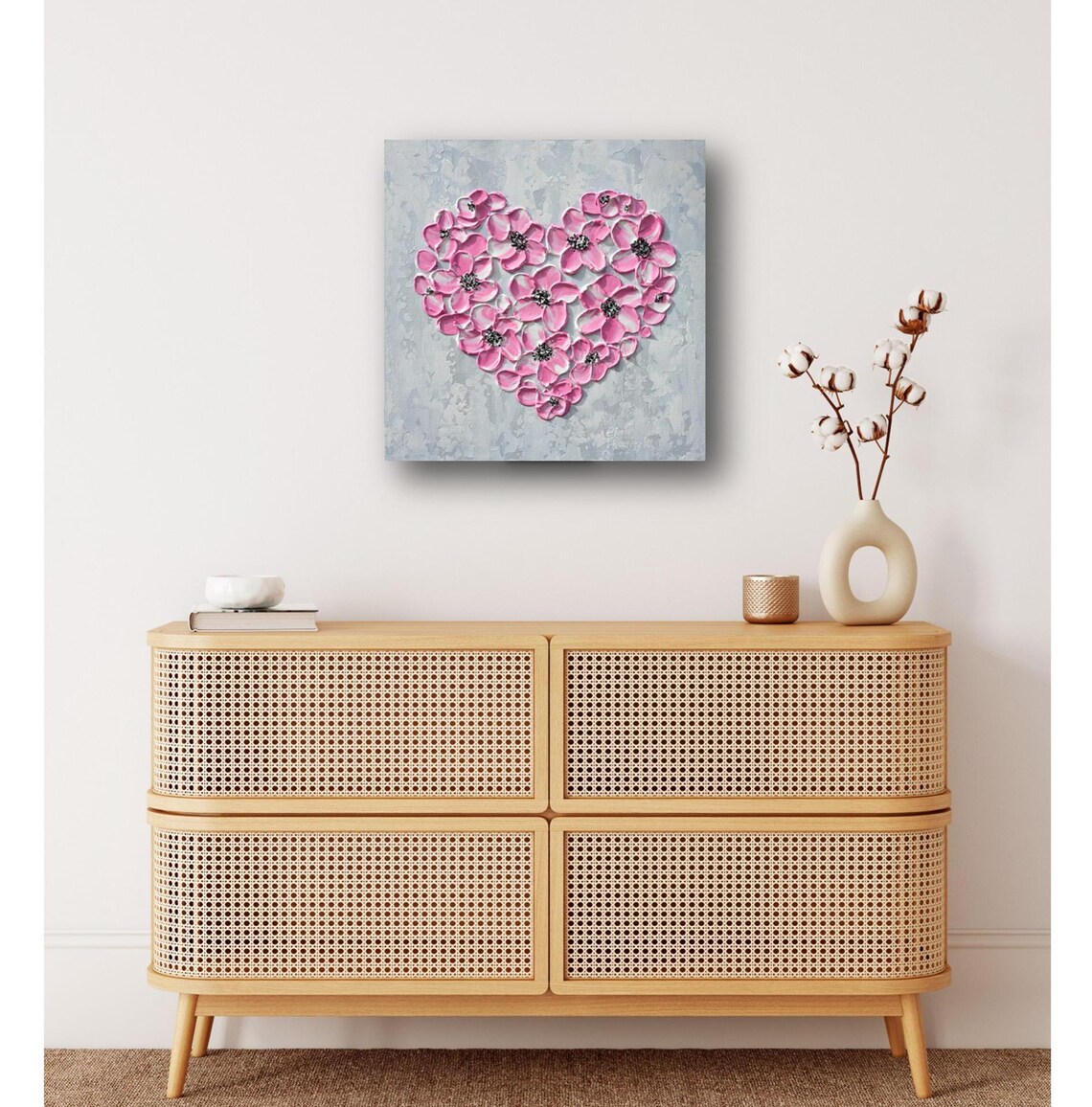 Pink Heart Flowers Painting Love Heart Floral Textured Wall Art Print