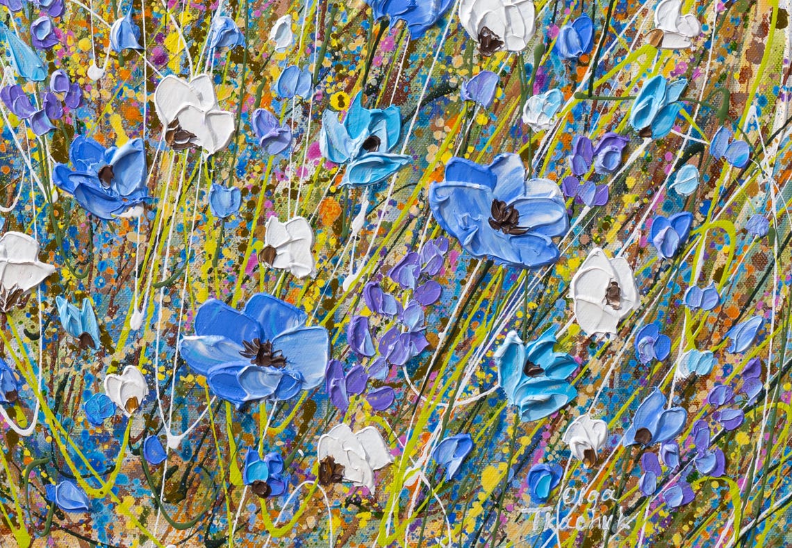 Blue Flower Field Painting Impasto Textured Wildflower Meadow Wall Art - Image 2