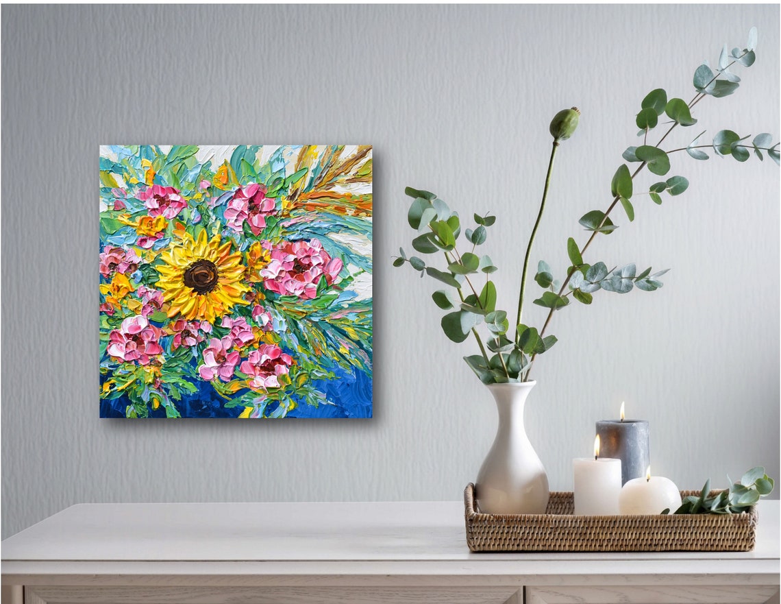 Sunflower Bouquet Print Fall Wall Art Dcor Pink Flowers Wall Van Gogh Inspired - Image 2