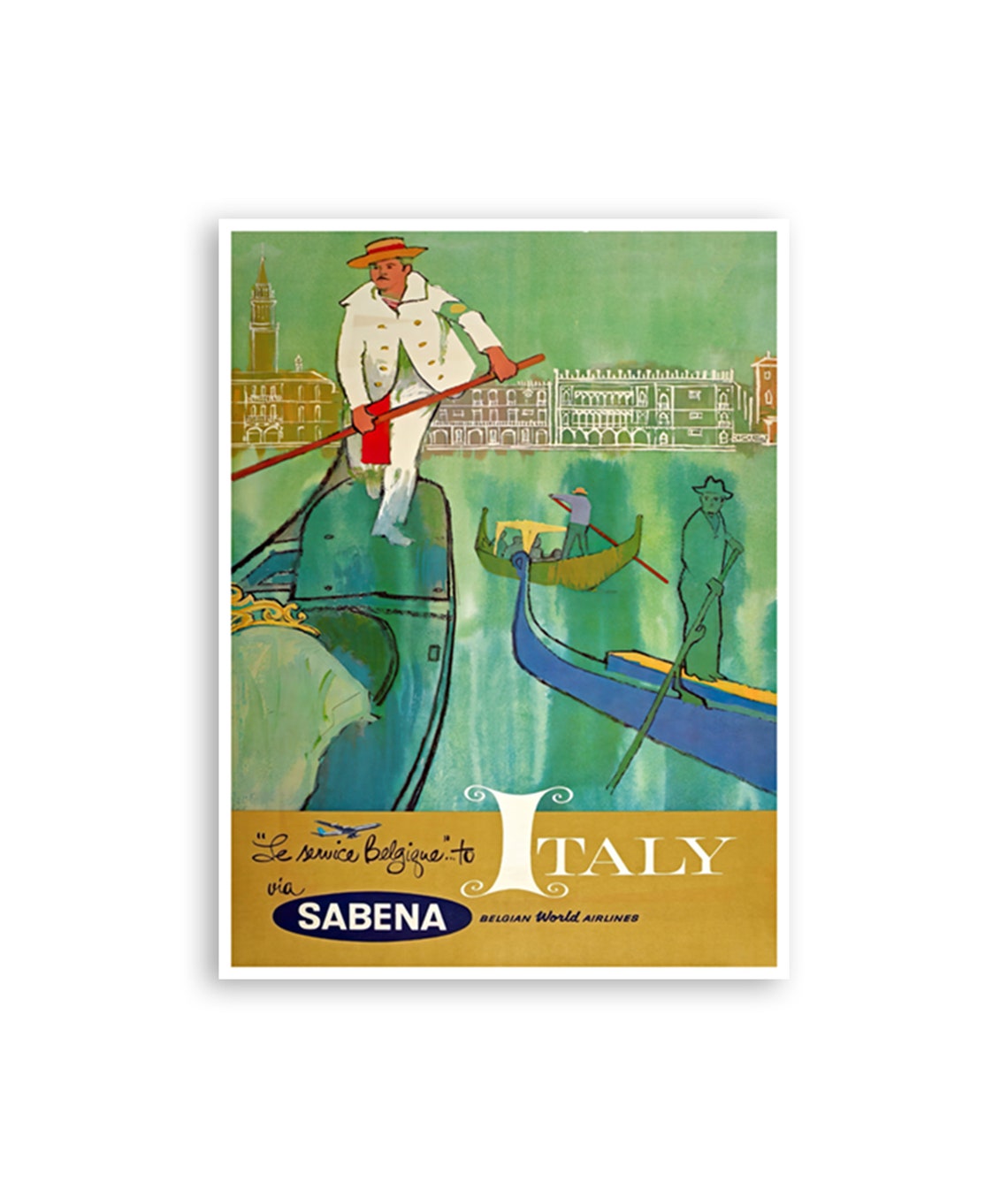 Italy Venice Gondolier Sabena Belgian World Airlines Travel Poster