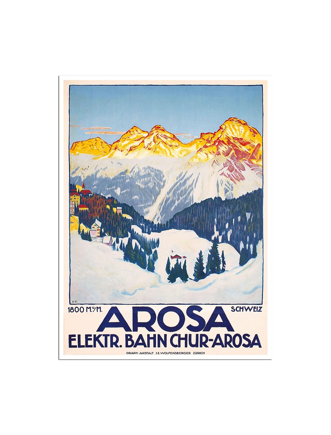 Arosa Switzerland Golden Snowy Alps Vintage Ski Travel Poster