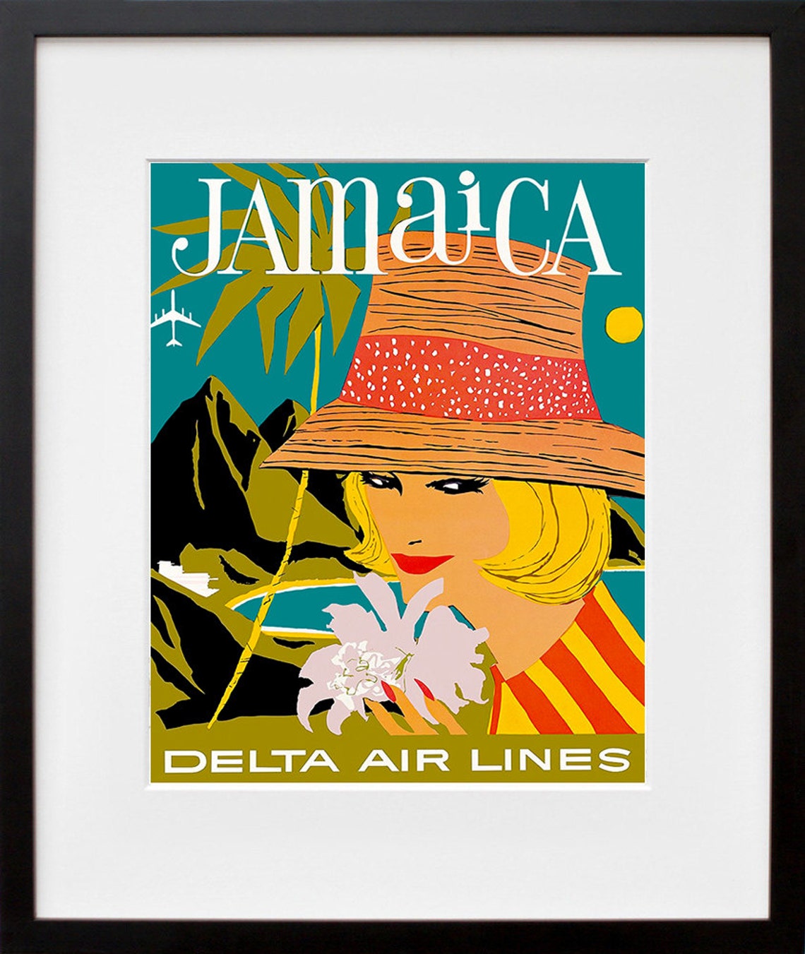 Jamaica Delta Air Lines Poster Retro Straw Hat Hibiscus Island Art