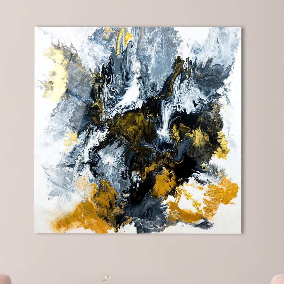 Black Gold White Marbled Ink Swirl Abstract Modern Square Art Poster