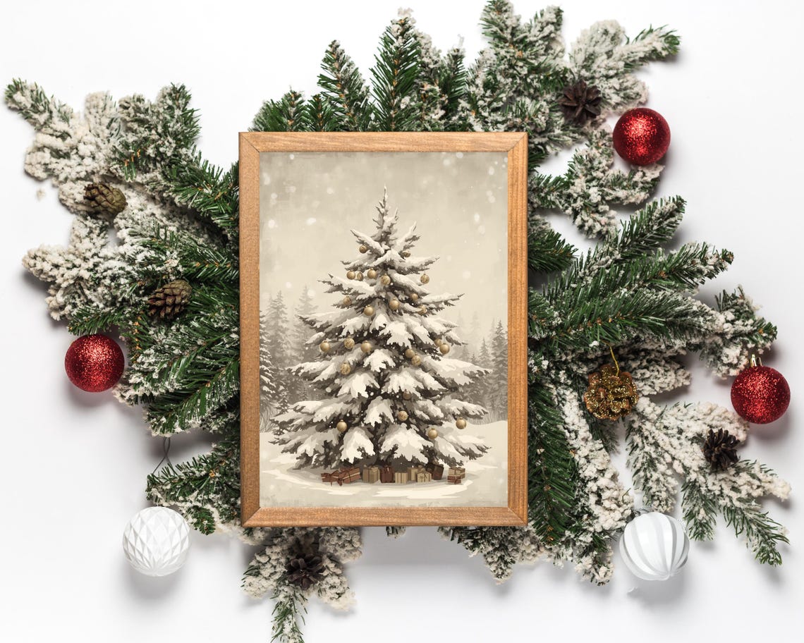 Vintage Christmas Tree Snowfall Neutral Classic Holiday Poster