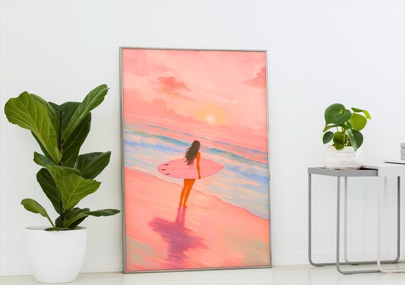 Surfer Girl Sunset Poster Pink Beach Pastel Surf Art Coastal Wall Decor