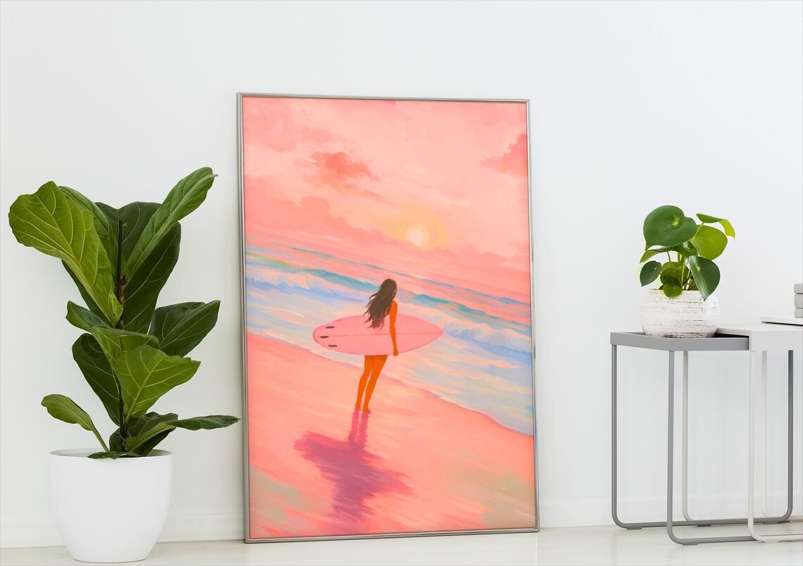 Surfer Girl Sunset Poster Pink Beach Pastel Surf Art Coastal Wall Decor