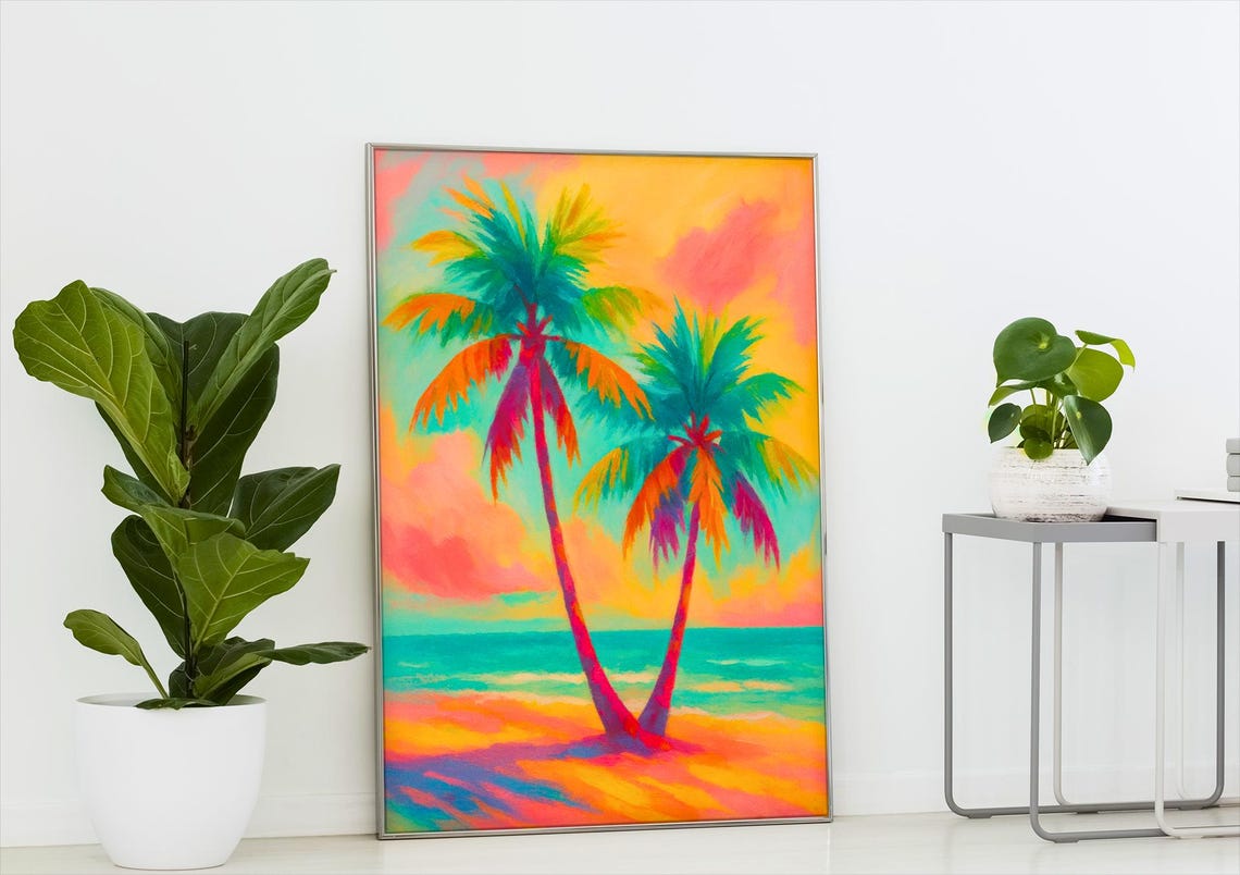 Tropical Sunset Palm Trees Print Vibrant Neon Beach Coastal Glow