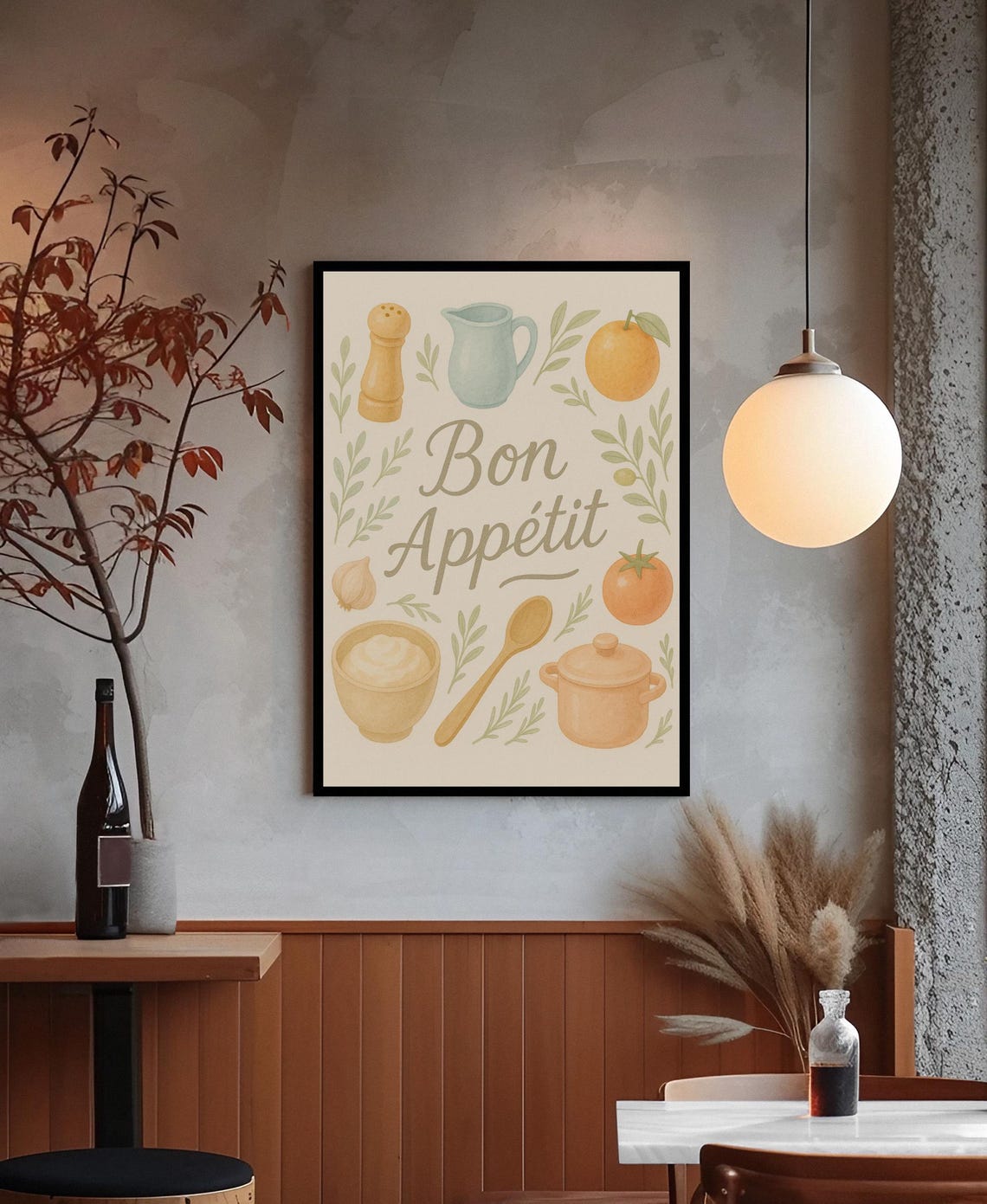 Bon Appetit French Kitchen Typography Rustic Food Illustration Poster