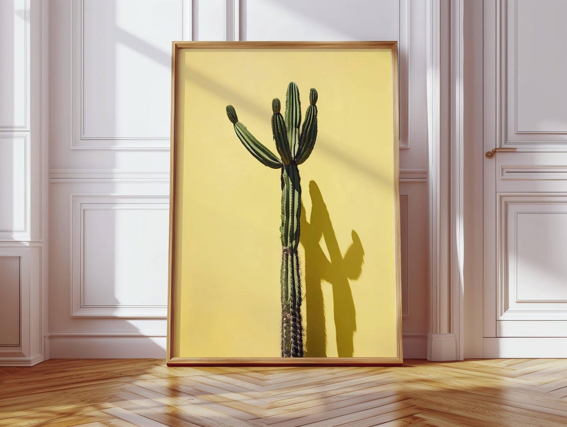 Minimalist Cactus Yellow Background Boho Green Plant Wall Poster