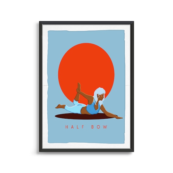Half Bow Yoga Pose Illustration With Red Sun Sky Blue Poster