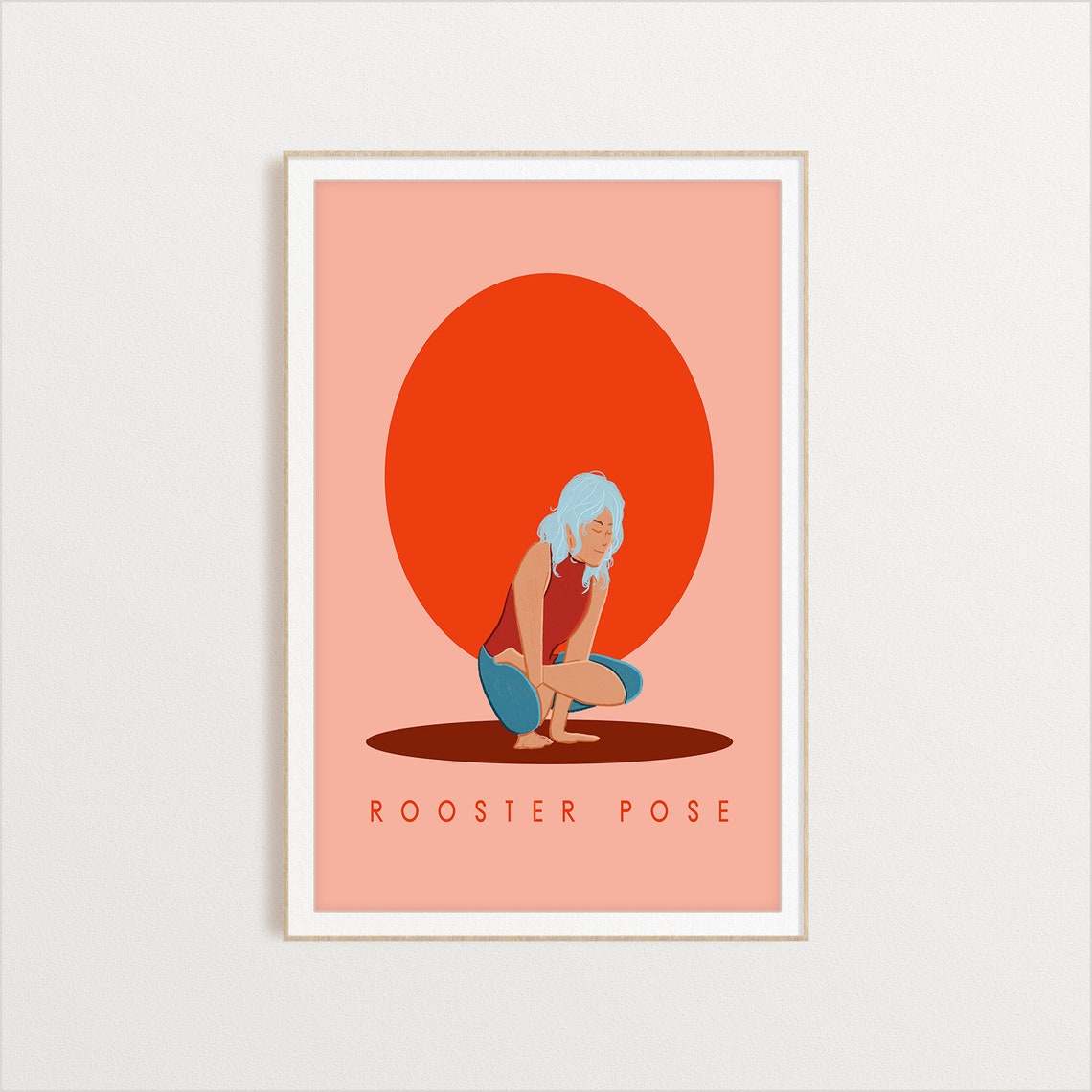 Rooster Pose Retro Yoga Arm Balance Sun Circle Flat Illustration Print - Image 2