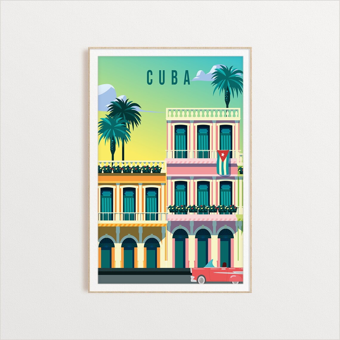 Cuba Colorful Colonial Street Classic Car Travel Souvenir Poster