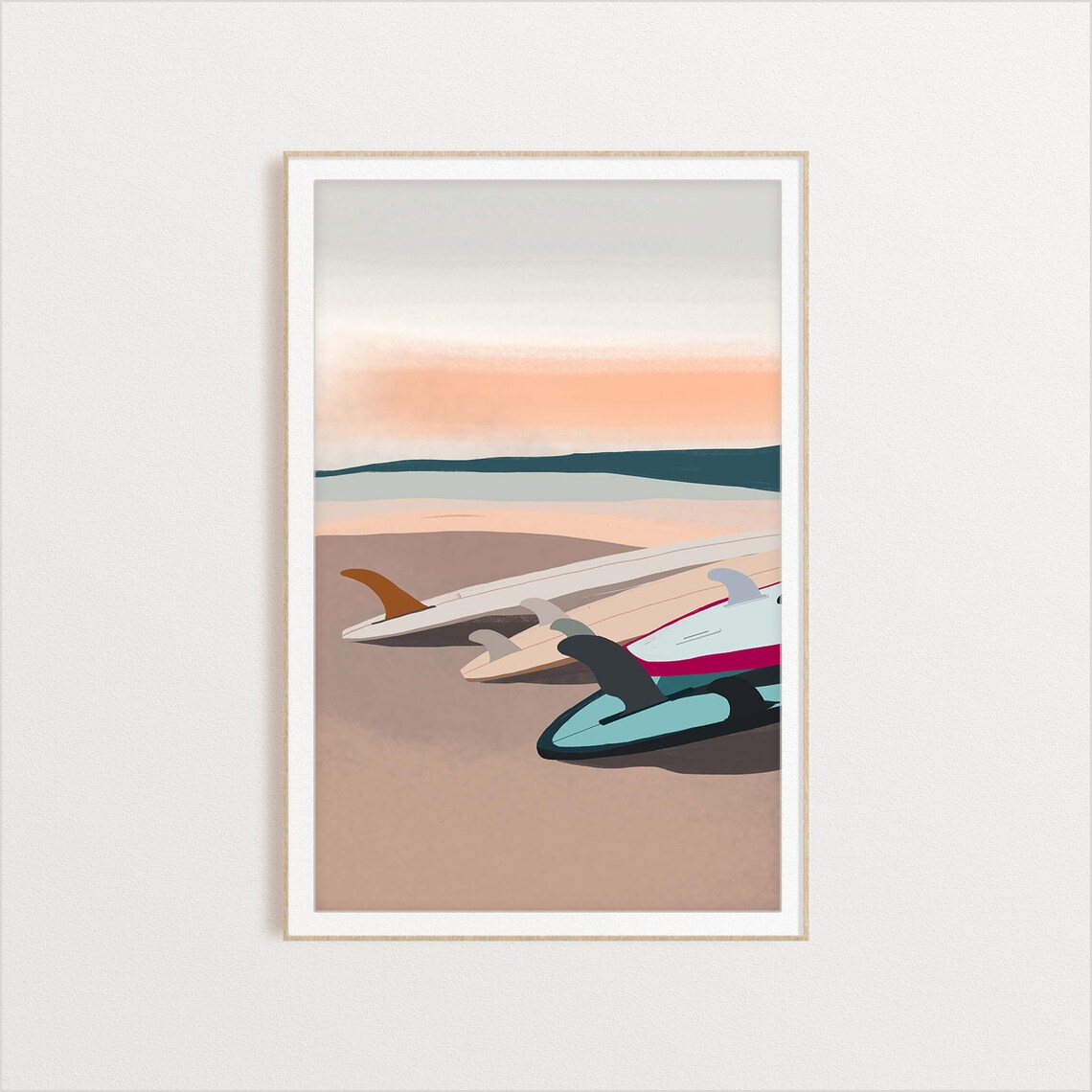Surfboards Under The Sunset Ocean Art Print