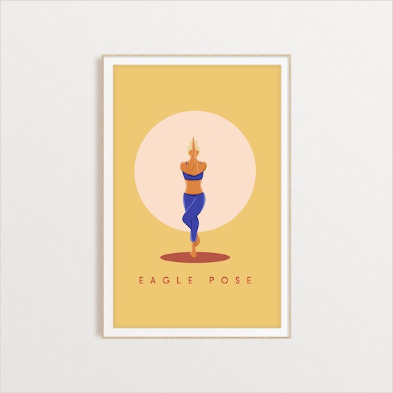Eagle Pose Retro Yoga Standing Balance Sun Circle Flat Illustration Print