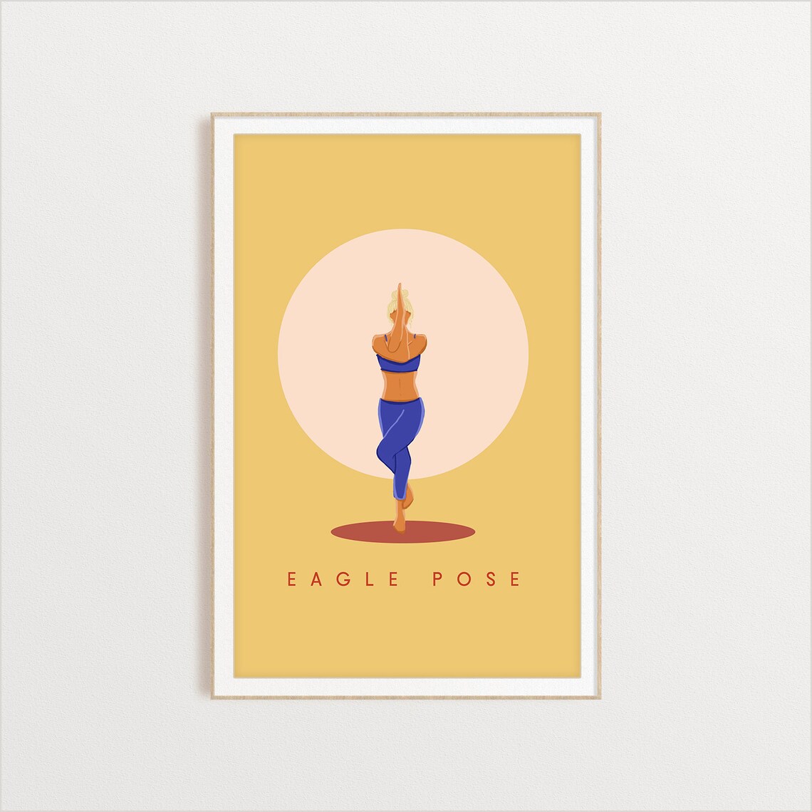 Eagle Pose Retro Yoga Standing Balance Sun Circle Flat Illustration Print