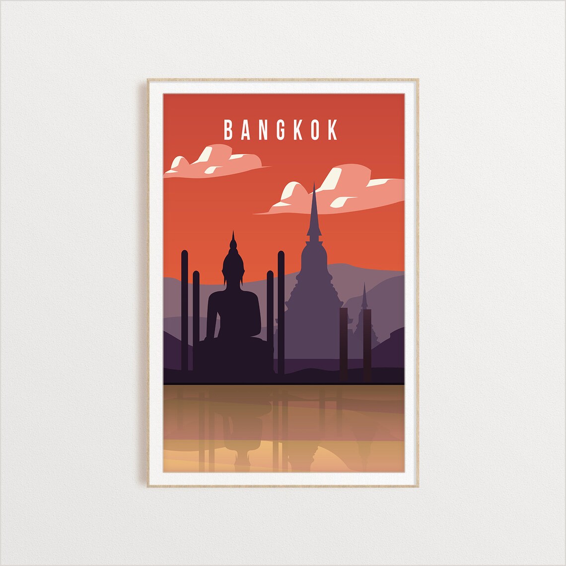 Bangkok Thailand Travel Poster With Buddha Silhouette Sunset Art