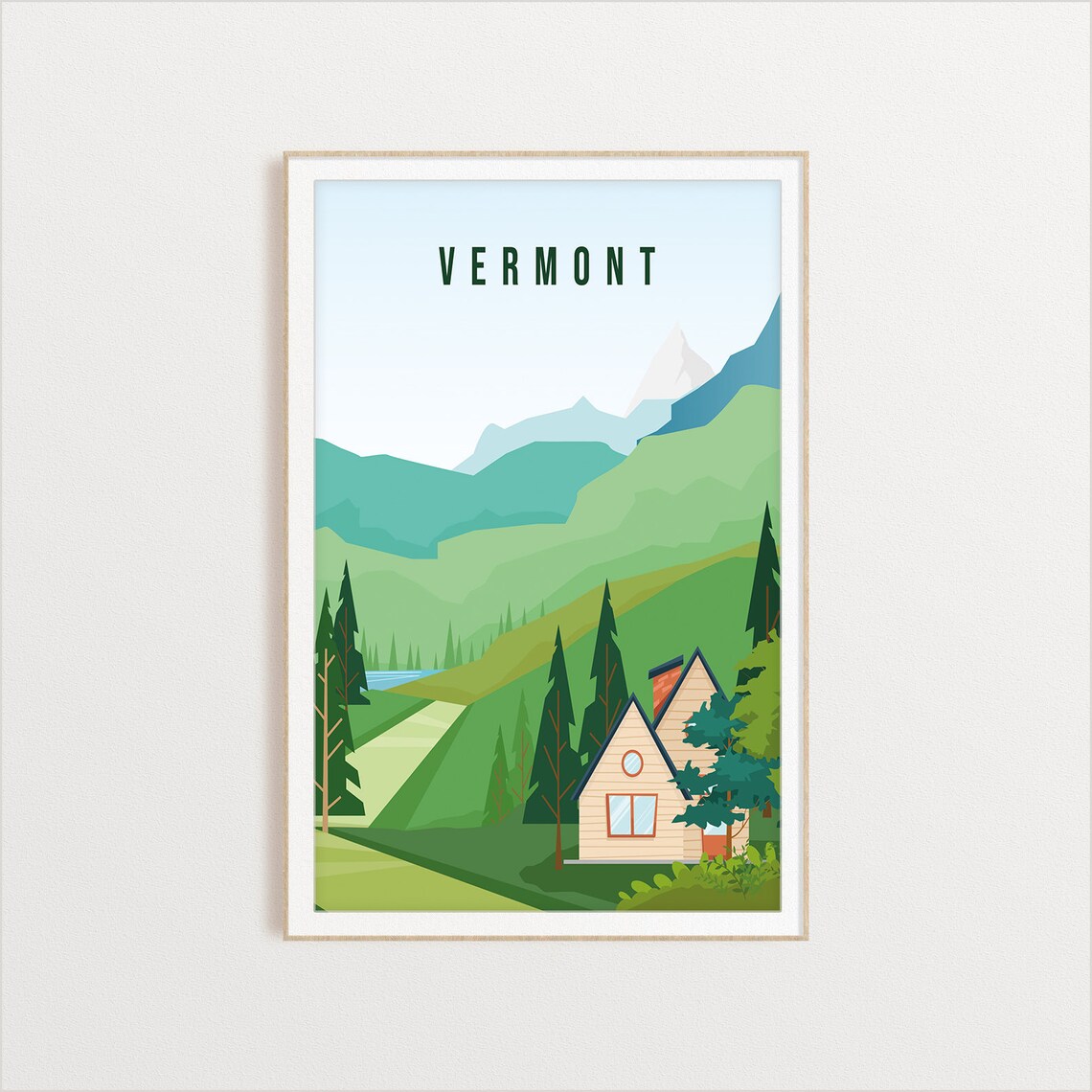 Vermont Mountain Cabin Travel Poster Green Valley Chalet Art Scene - Image 2