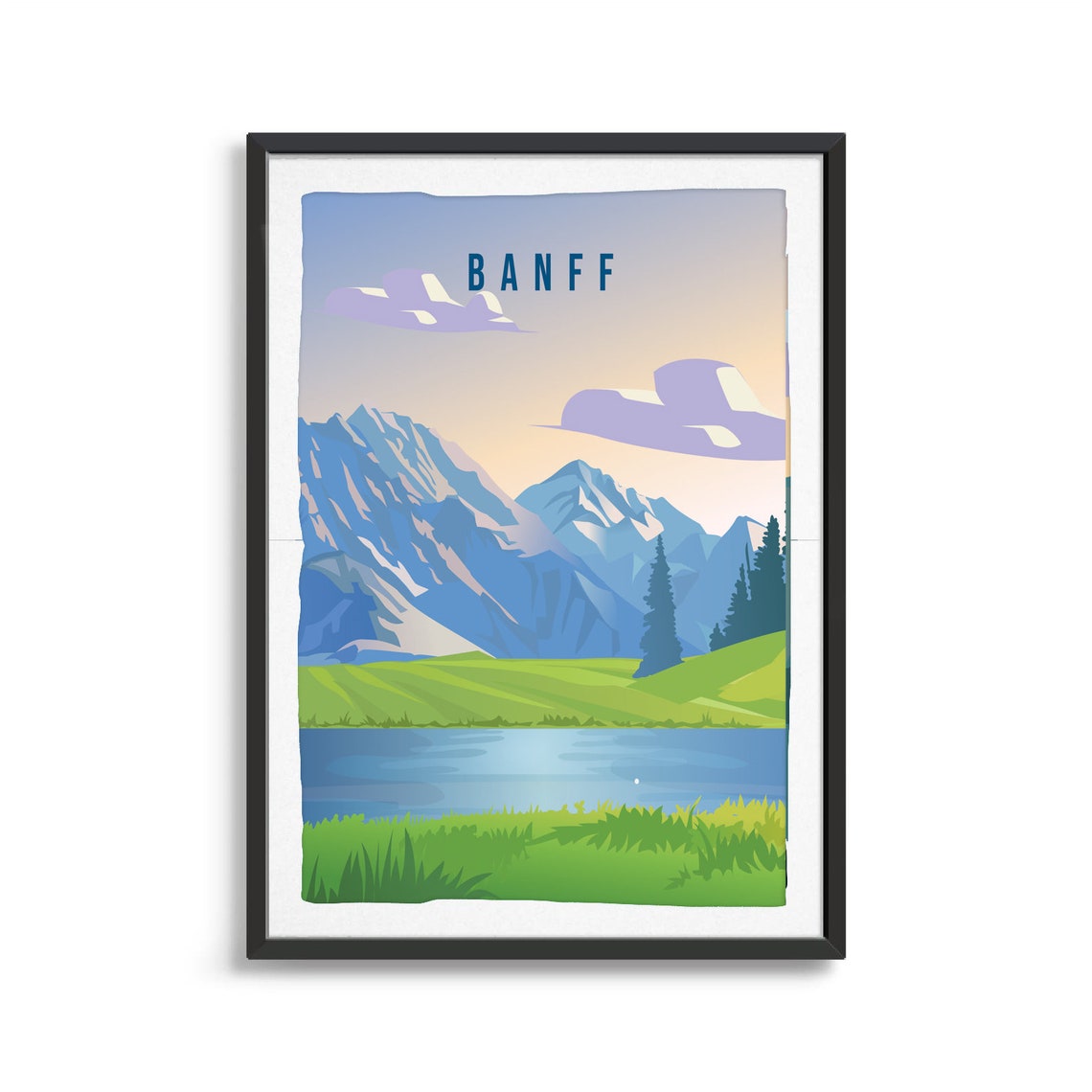 Minimalist Banff Snowcapped Blue Peaks Lakeside Travel Souvenir Poster