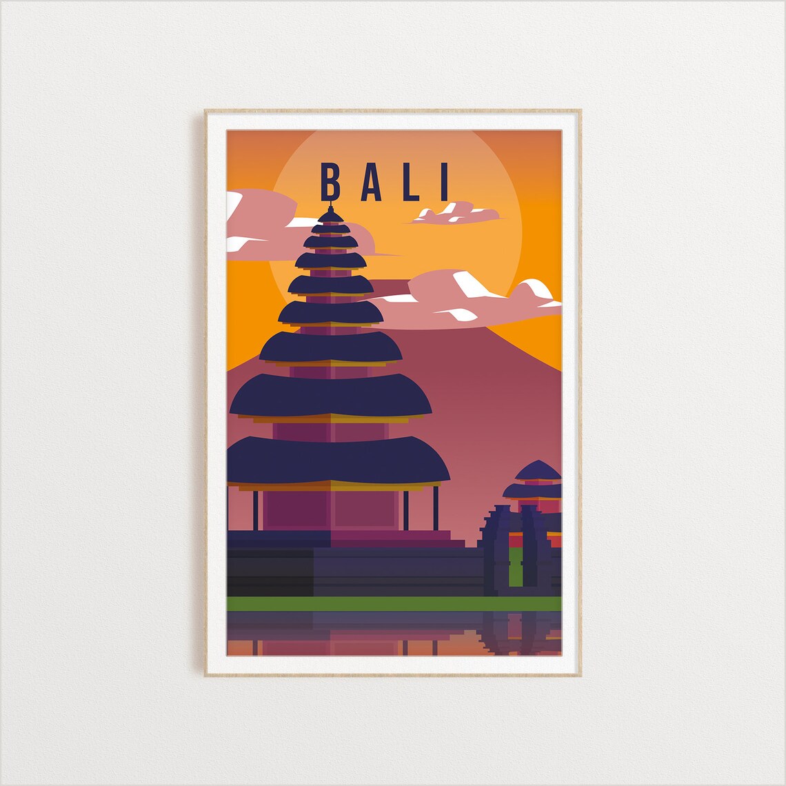 Bali Indonesia Travel Poster With Tiered Temple Sunset Silhouette Art