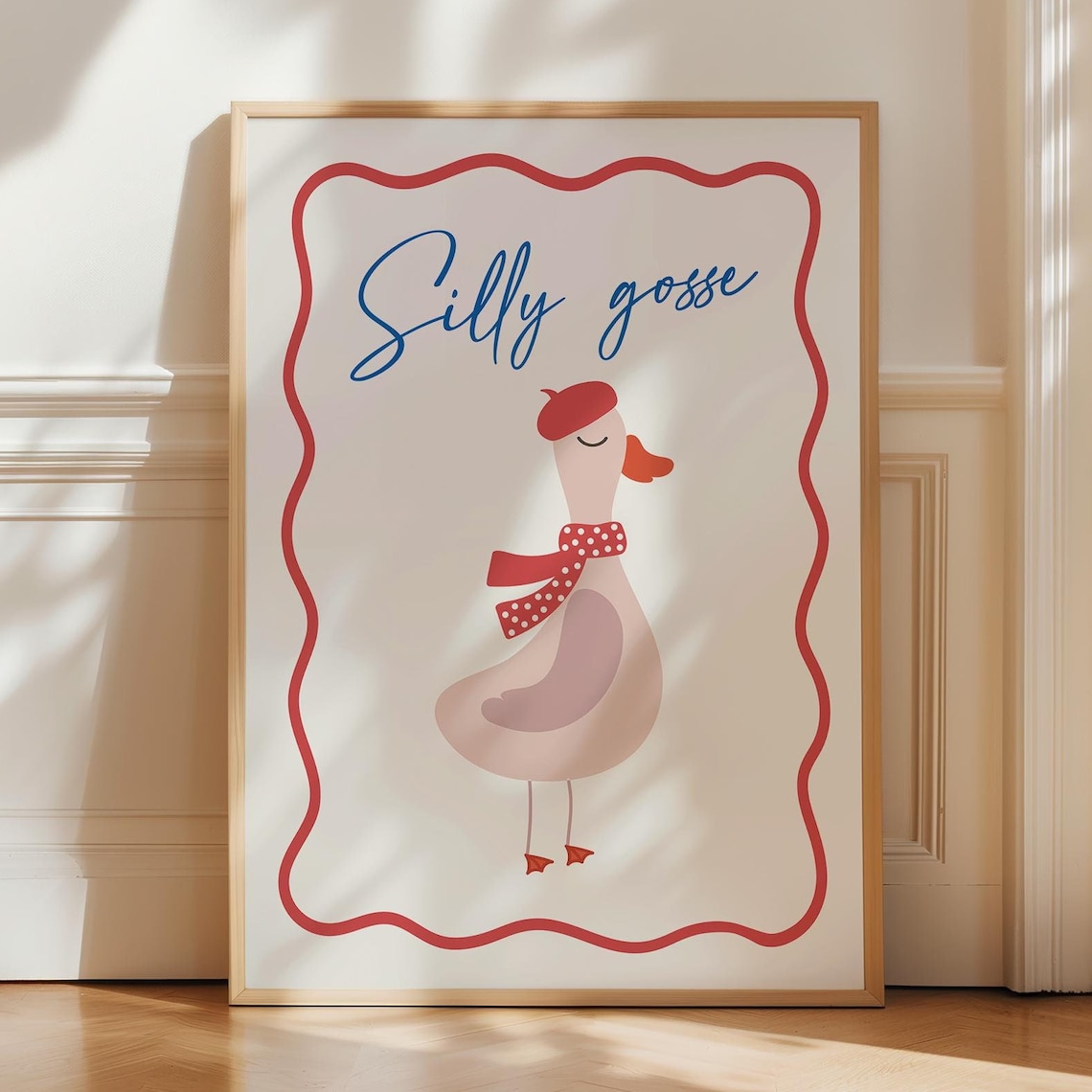 Silly Goose in Red Beret and Scarf Cute French Style Animal Wall Art