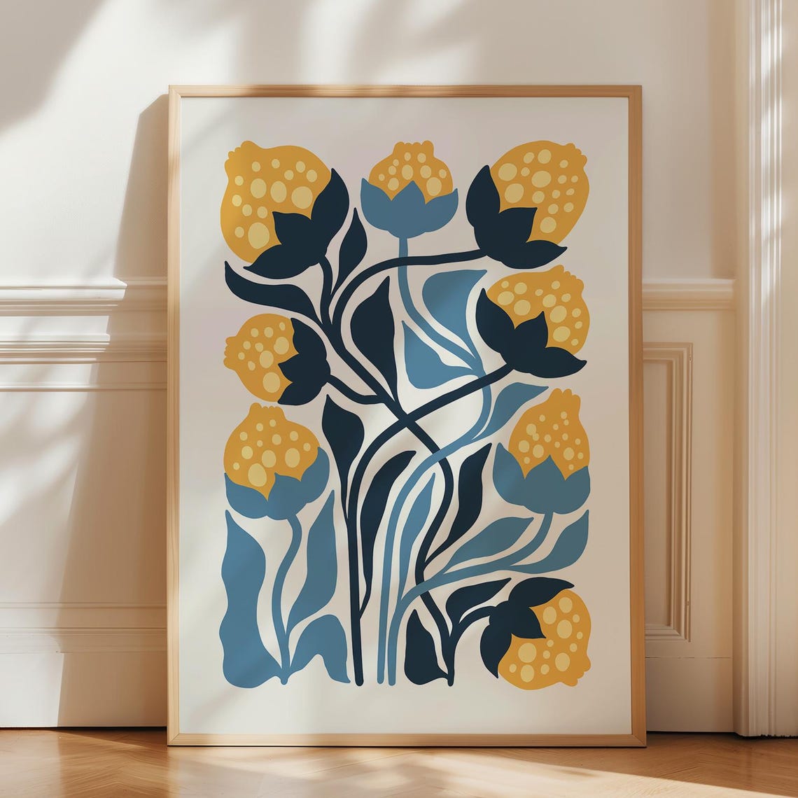 Blue and Yellow Folk Flowers Abstract Botanical Boho Art Poster