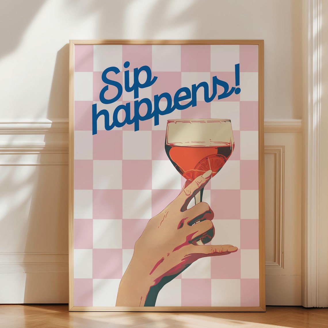 Sip Happens Funny Wine Quote Pink Checkered Retro Bar Poster
