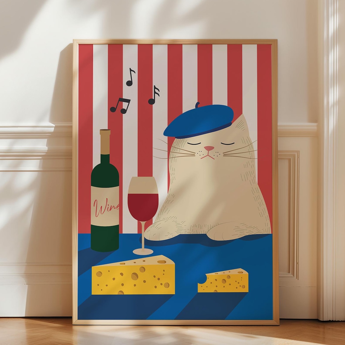 French Cat Beret Wine Cheese Illustration Poster Red White Stripes