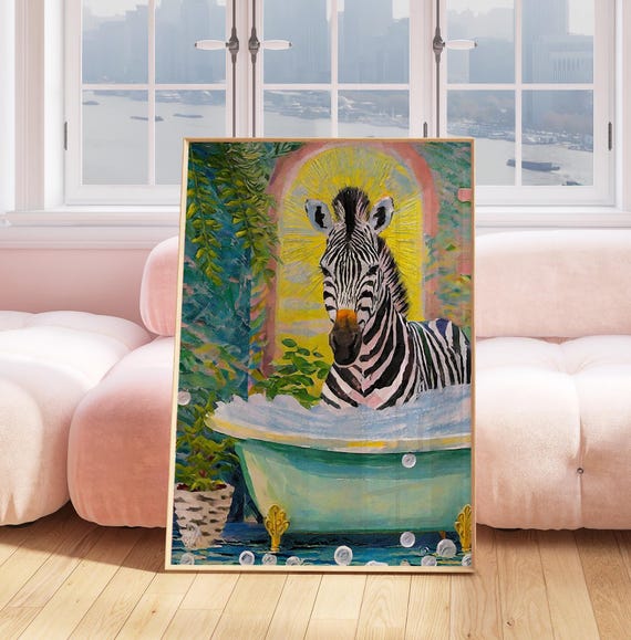 Zebra In Bath Retro Bathroom Art Print