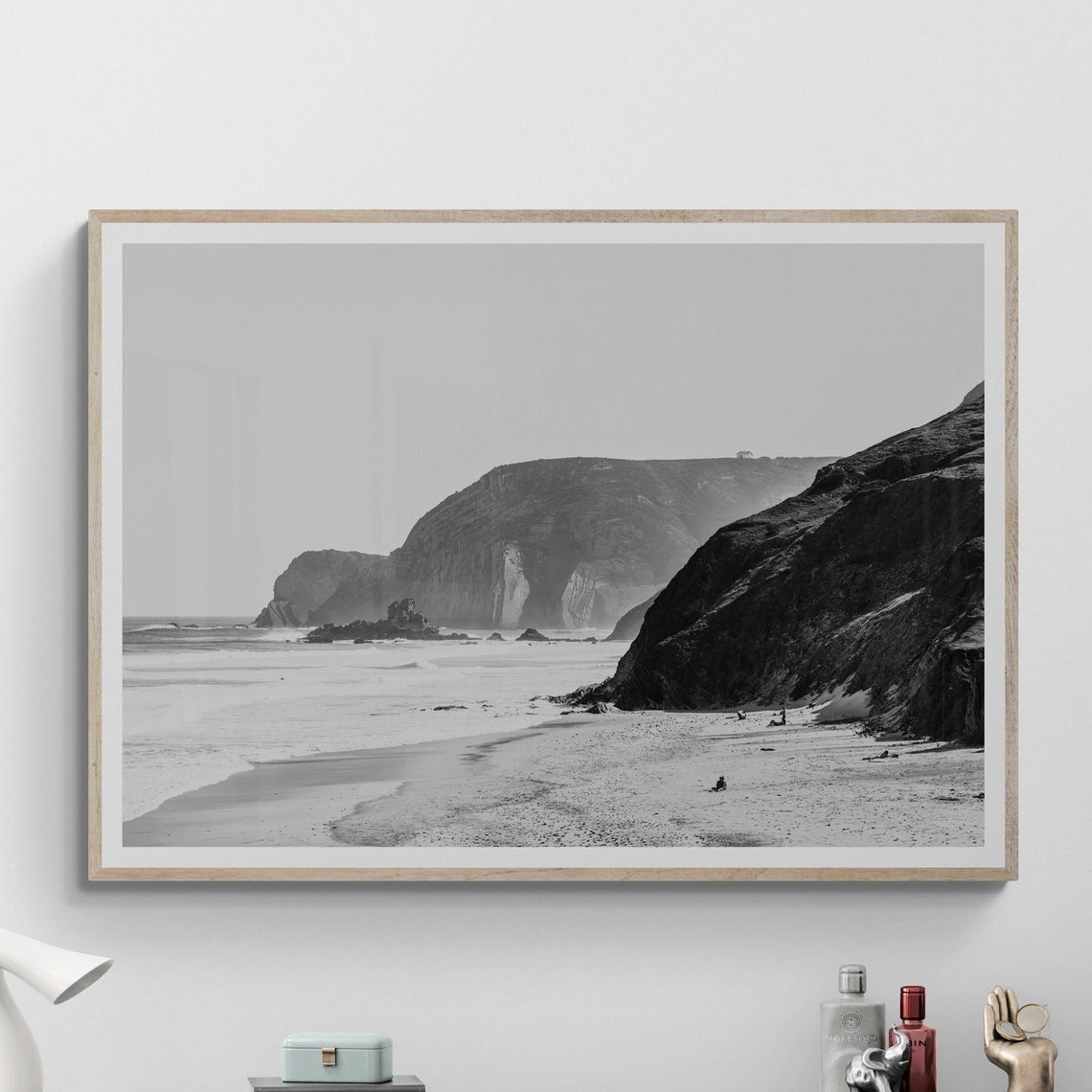 Algarve Coastline Black White Rugged Cliffs Beach Photo Poster