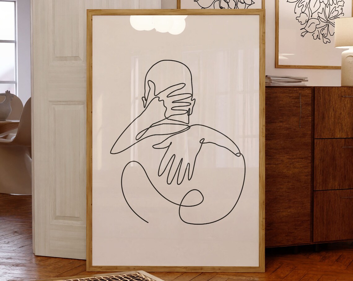 Tender Embracing Couple Single Continuous Line Art Love Poster