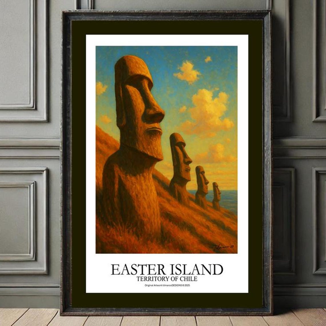 Easter Island Moai Statues Rapa Nui Chile Vintage Travel Art Poster