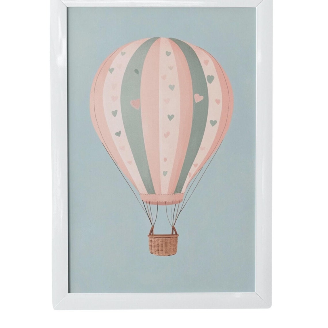 Pastel Heart Pattern Hot Air Balloon On Sage Canvas Nursery Poster - Image 3