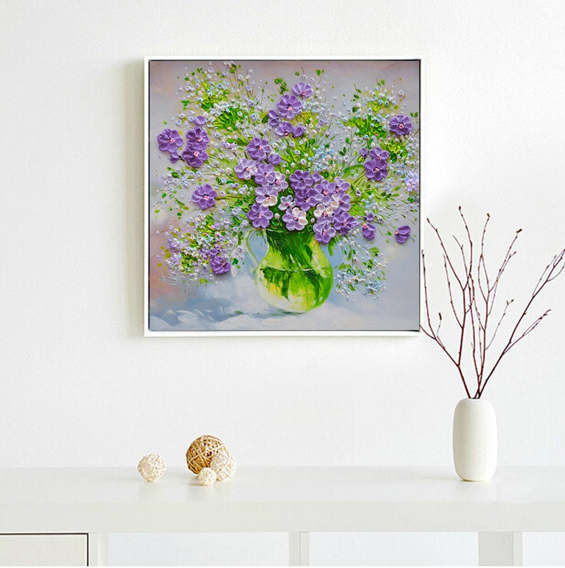 Original Art 3d Blooming Green White Purple Flowers Oil Painting On Living Room Wall Art Palette Knife Painting Textured Wall Art - Image 4