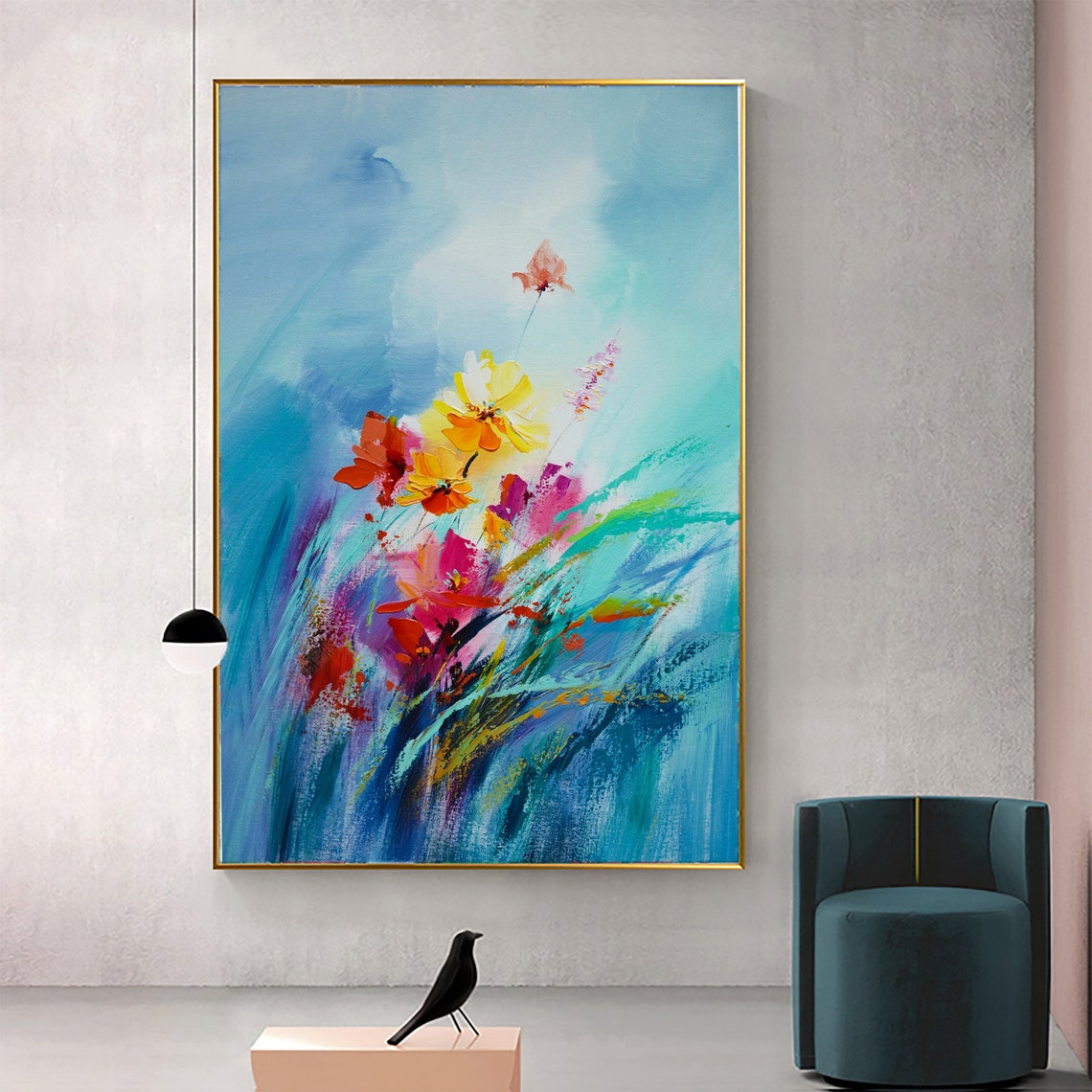 Turquoise Blue Blooming Wildflowers Abstract Floral Art Poster - Image 5