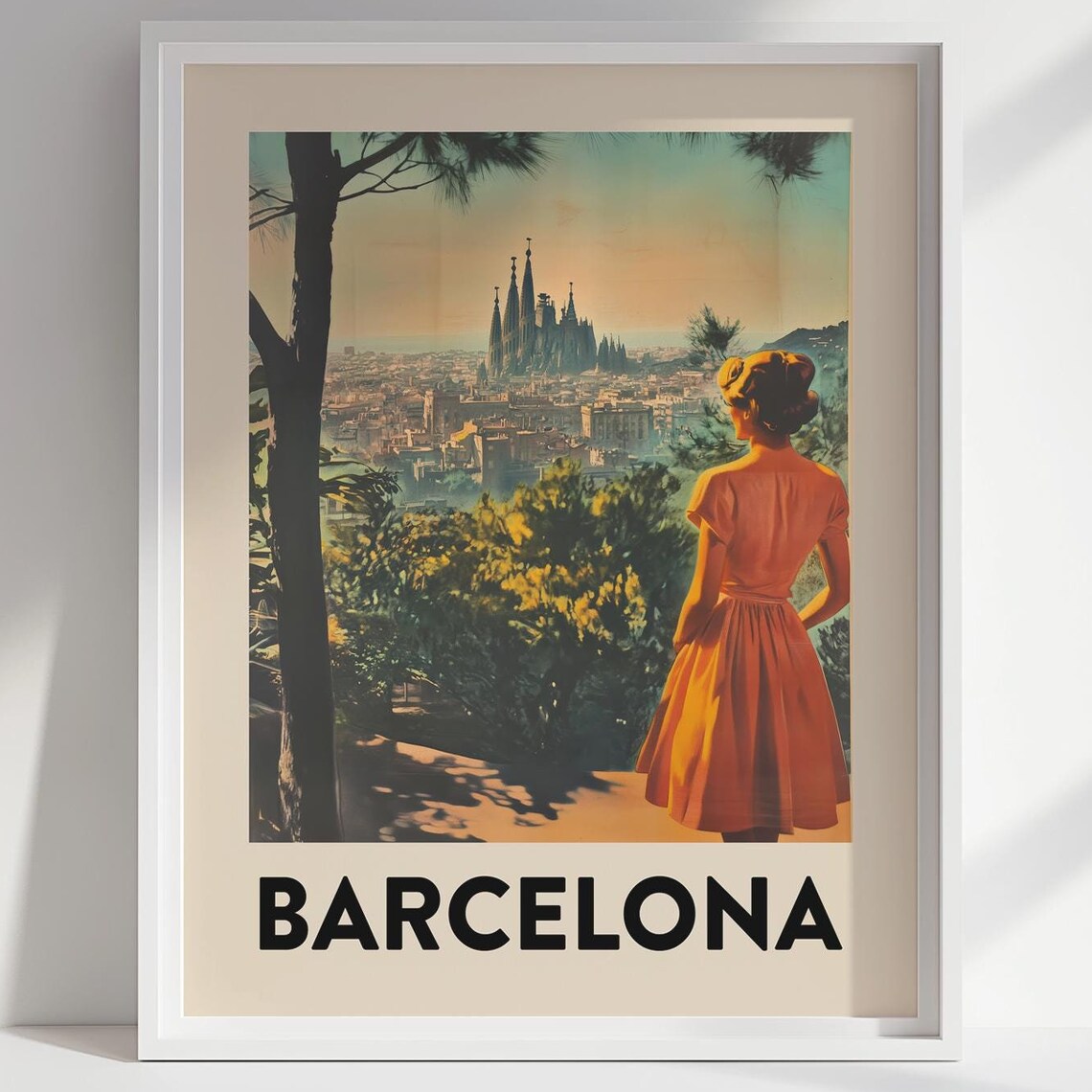 Vintage Barcelona Travel Poster Sagrada Familia Overlook Spain