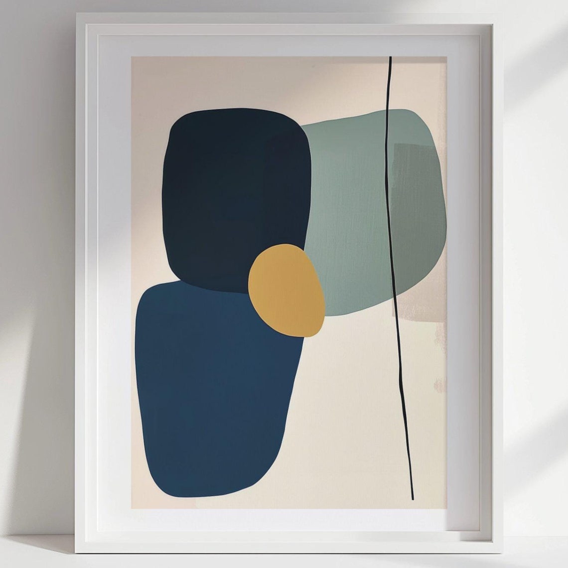 Navy Sage Green and Ochre Overlapping Abstract Shapes Minimal Poster
