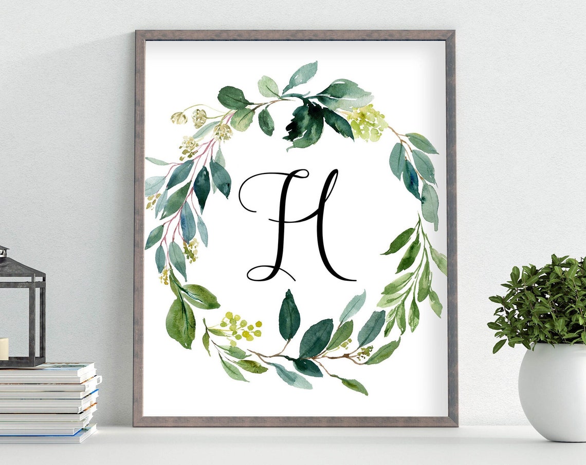 Script Monogram Letter H Green Leaves Wreath Watercolor Poster