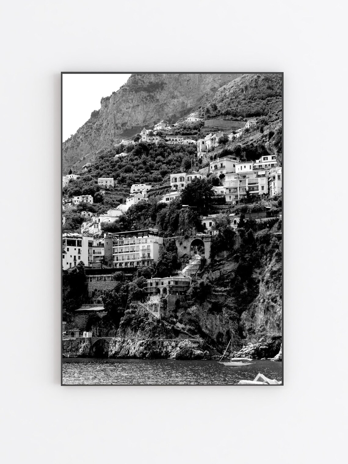Amalfi Coast Cliffside Village Black And White Italian Photo Print - Image 3
