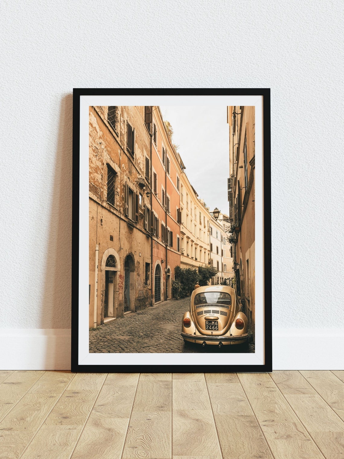 Rome Cobblestone Street Vintage VW Beetle Warm Italian Photo Poster