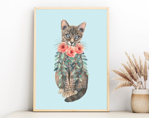 Tabby Kitten With Floral Garland Watercolor Sweet Nursery Poster