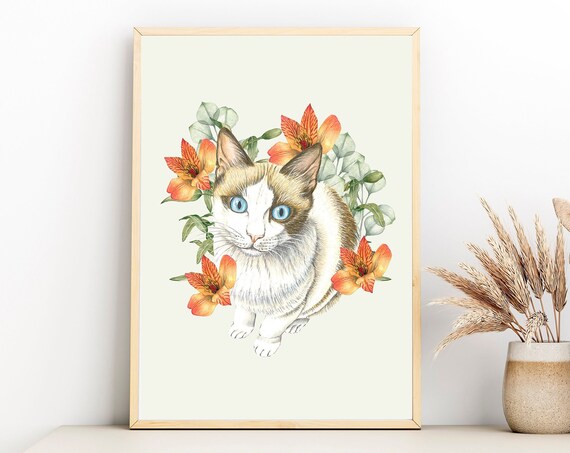 Blue Eyed Cat With Orange Lilies Watercolor Floral Garden Poster