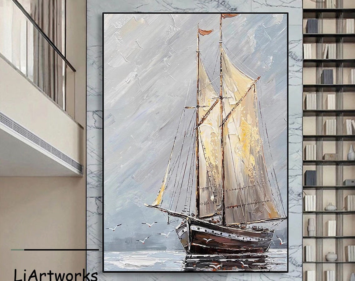 Extra Large Abstract Sailboat Oil Painting Original Nautical Painting Acrylic Textured Sailboat Painting Sea Landscape Art Living Room Decor