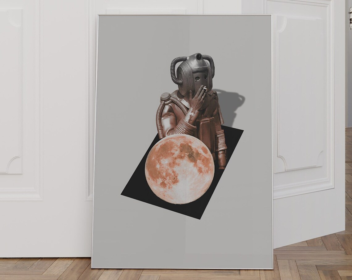 Vintage Diver Helmet Full Moon Minimal Surreal Collage Art Poster - Image 3