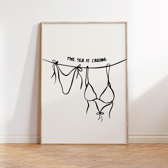 The Sea Is Calling Black Bikini Clothesline Minimalist Coastal Art Poster