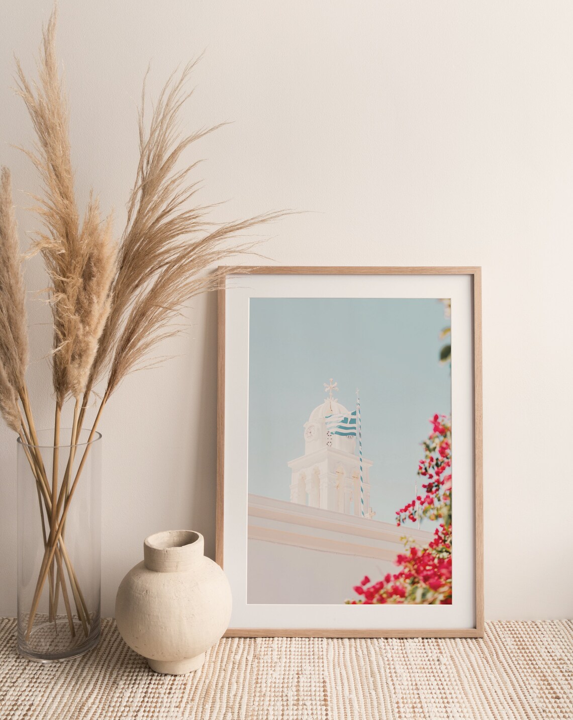 Greece White Church Bell Tower Greek Flag Bougainvillea Flowers Travel Poster - Image 2