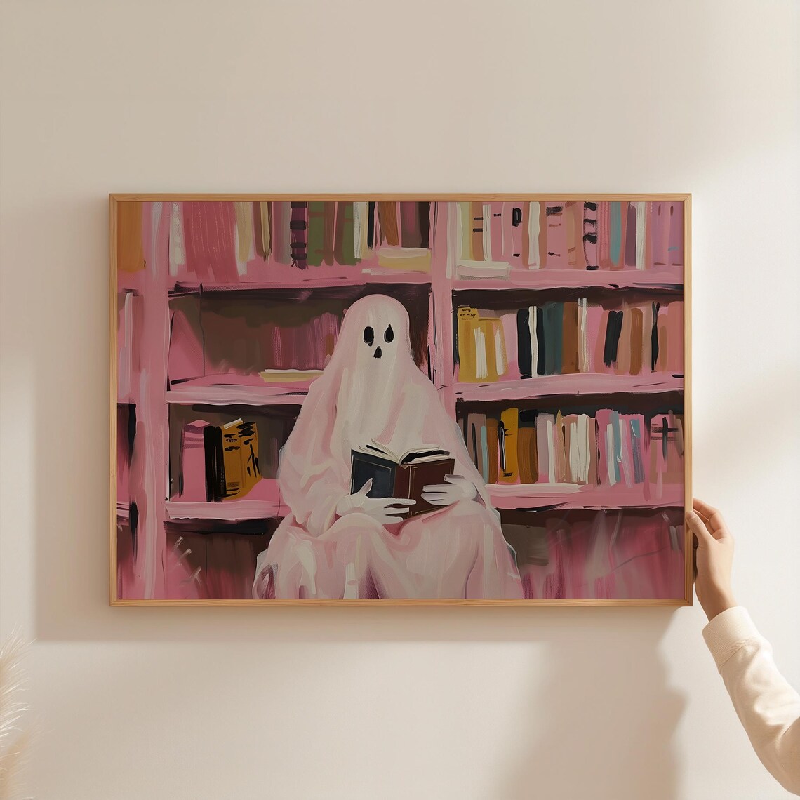Ghost Reading Book in Pink Library Painting Spooky Bookworm Wall Art Print - Image 3